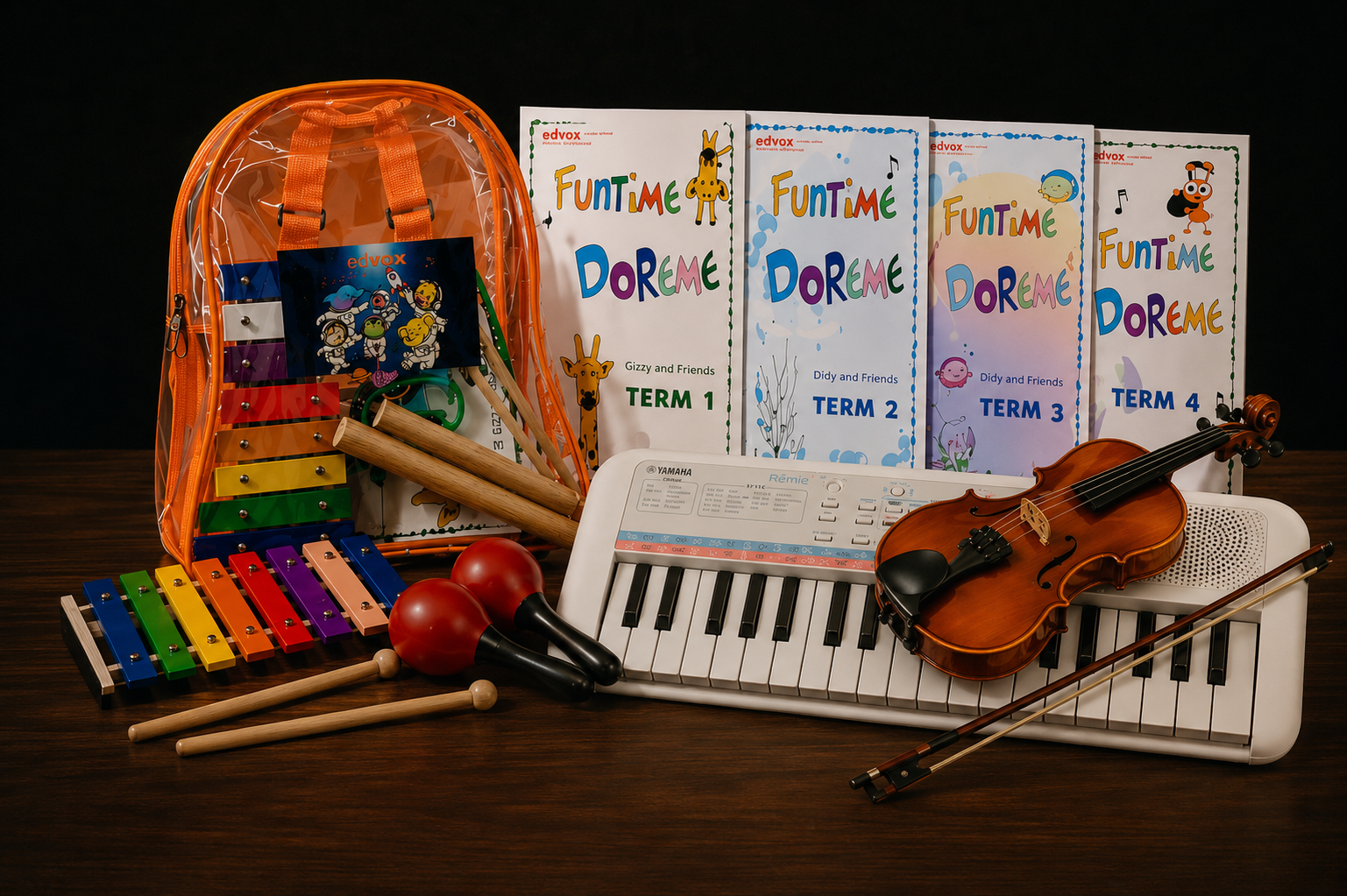 Edvox Funtime value stack with Yamaha PSS E30 keyboard, violin, materials and percussion kit